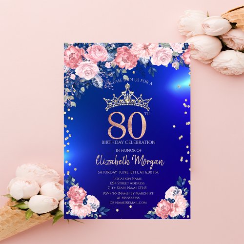 Gold Tiara Diamonds Flowers Blue 80th Birthday Invitation