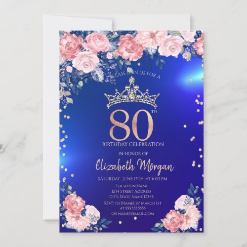 Gold Tiara Diamonds Flowers Blue 80th Birthday Invitation