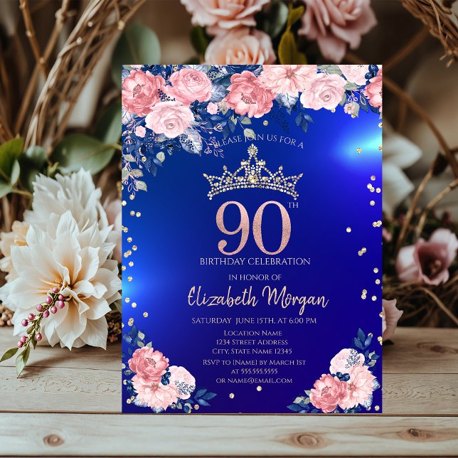 Gold Tiara Diamonds Flowers Blue 90th Birthday Invitation (Creator Uploaded)