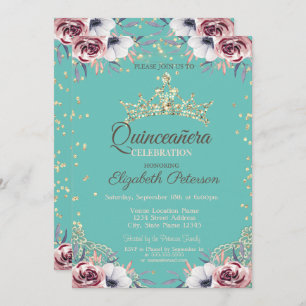 Gold Tiara,Diamonds Flowers Mint Green Quinceañera Invitation
