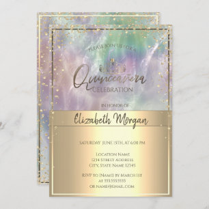 Gold Tiara,Diamonds Holographic Pearl Quinceañera Invitation