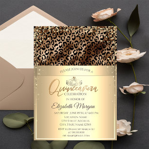 Gold Tiara,Diamonds Leopard Print Quinceañera Invitation
