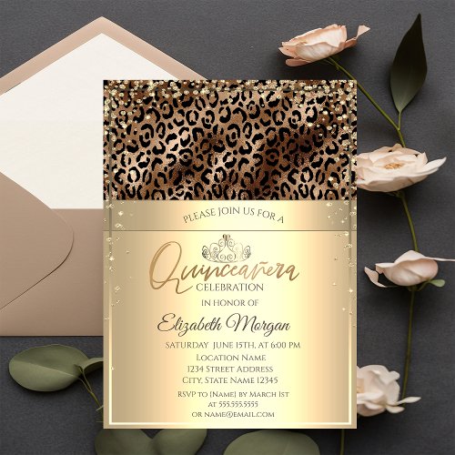  Gold TiaraDiamonds Leopard Print Quinceaera  Invitation