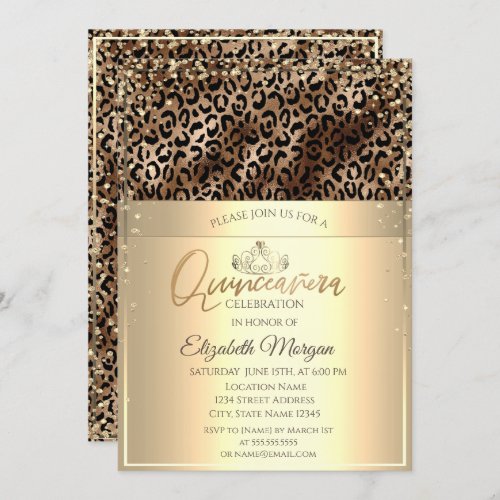  Gold TiaraDiamonds Leopard Print Quinceaera  Invitation