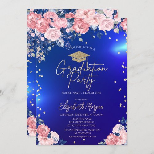 Gold Tiara Diamonds Roses Blue Graduation Party Invitation