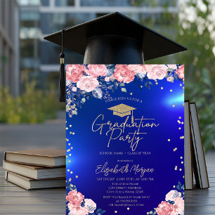 Gold Tiara Diamonds Roses Blue Graduation Party Invitation