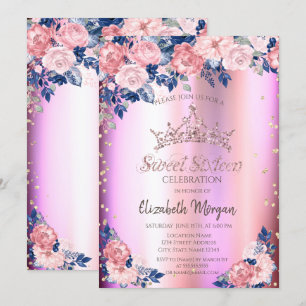 Gold Tiara Diamonds Roses Blue Pink Sweet 16 Invitation