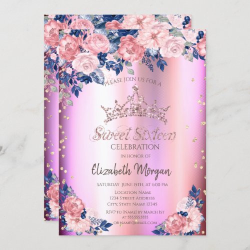 Gold Tiara Diamonds Roses Blue Pink Sweet 16 Invitation