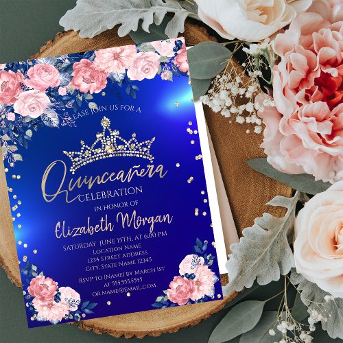 Gold Tiara Diamonds Roses Blue Quinceaera  Invitation