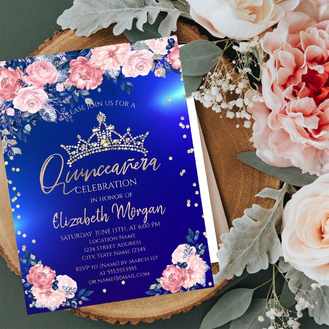 Gold Tiara Diamonds Roses Blue Quinceañera  Invitation (Creator Uploaded)