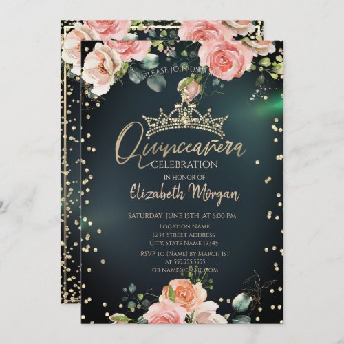 Gold Tiara Diamonds Roses Green Quinceaera Invitation