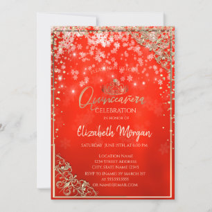 Gold Tiara,Diamonds,Snowflakes,Red Quinceañera Invitation
