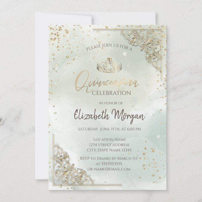 Gold Tiara,Diamonds Watercolor Green Quinceañera Invitation (Front)