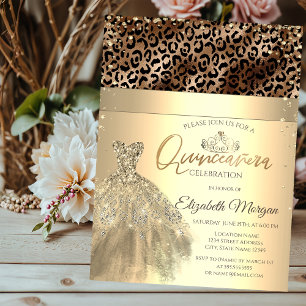 Gold Tiara,Dress Leopard Print Quinceañera Invitation