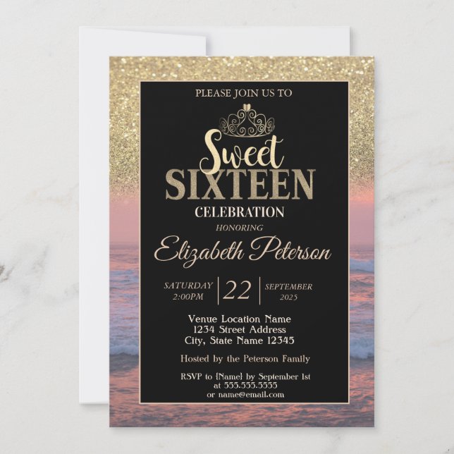 Gold Tiara Glitter Bokeh Beach Sunset Sweet 16 Invitation (Front)