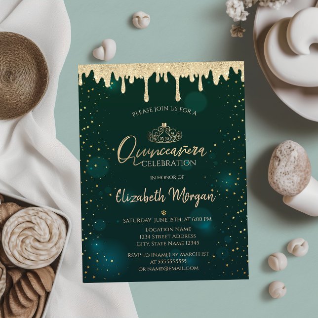 Gold Tiara,Glitter Drips Green Quinceañera Invitation (Creator Uploaded)