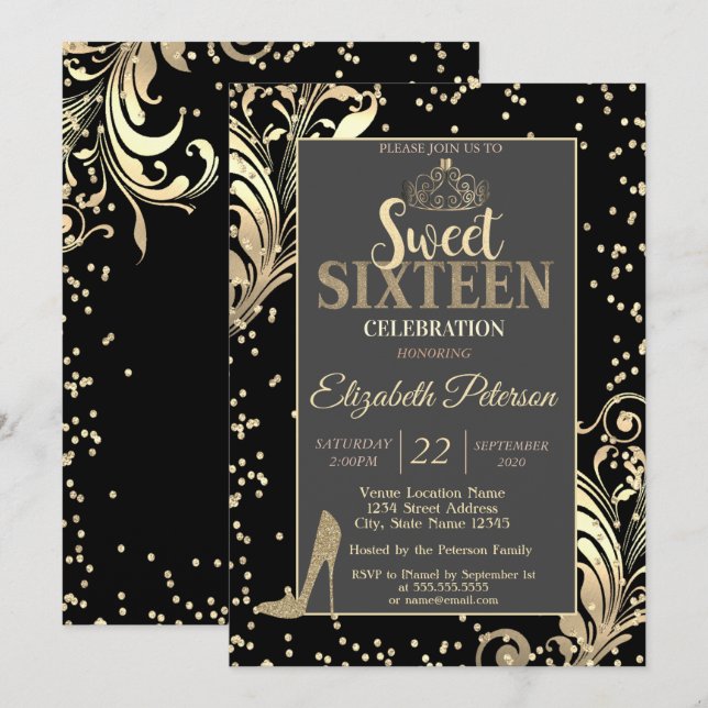 Gold Tiara Glitter Heels Diamonds Sweet 16 Party Invitation (Front/Back)