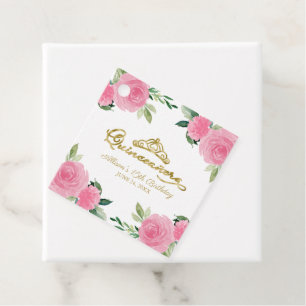 Gold Tiara Hot Pink Floral Quinceanera  Favor Tags
