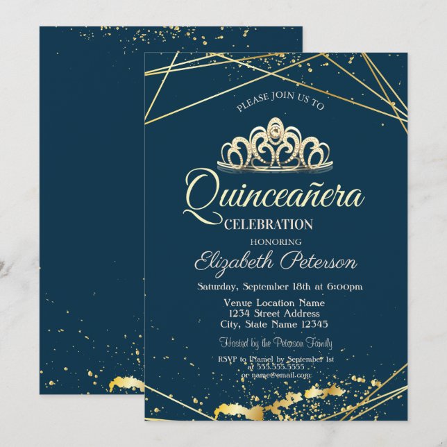 Gold Tiara, Navy Blue Quinceañera Invitation (Front/Back)