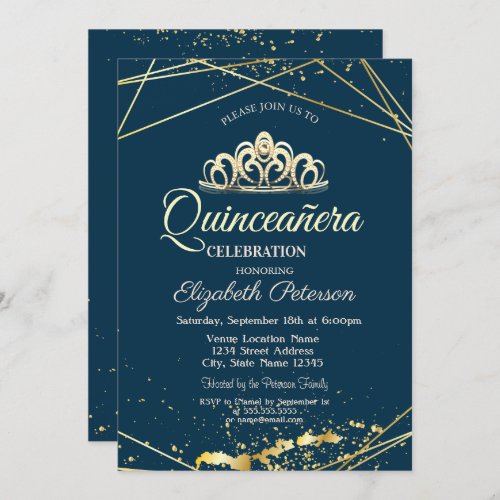 Gold Tiara Navy Blue Quinceaera Invitation