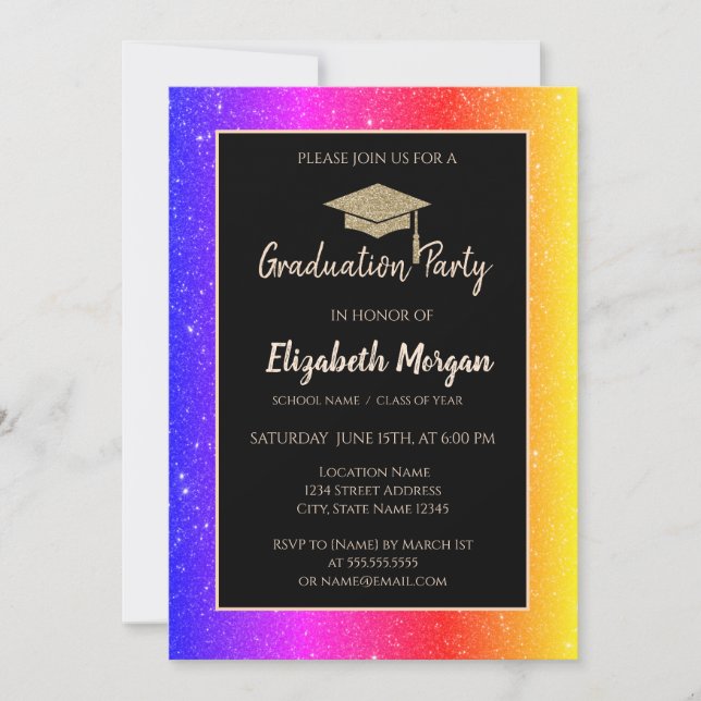  Gold Tiara Ombre Colorful Glitter Graduation Invitation (Front)