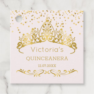 Gold tiara, polka dot confetti Quinceanera Favor Tags