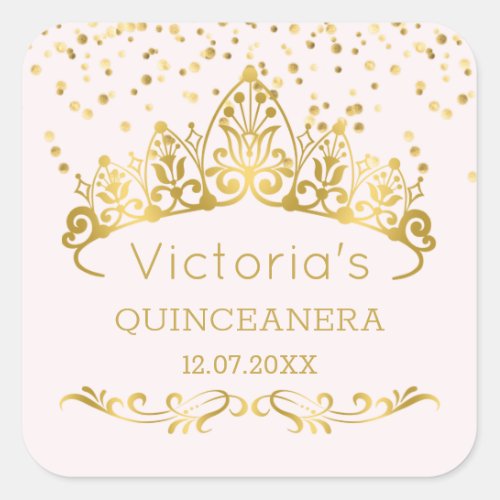 Gold tiara polka dot confetti Quinceanera Square Sticker