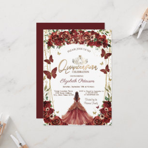 Gold Tiara,Red Flowers Butterflies Dress Invitation