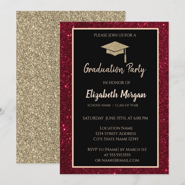  Gold Tiara Red Glitter Graduation Invitation (Front/Back)
