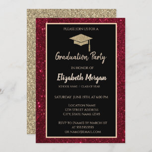  Gold Tiara Red Glitter Graduation Invitation