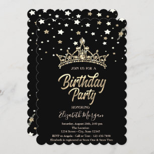 Gold Tiara Stars Black Birthday Party  Invitation