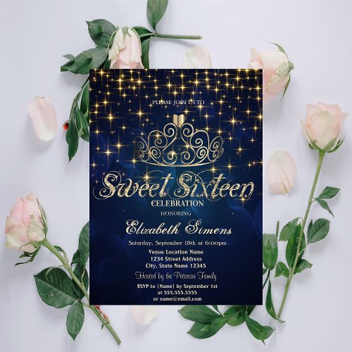 Gold Tiara Stars Princess Navy Blue Sweet 16 Invitation