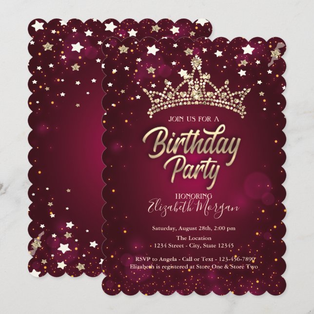 Gold Tiara Stars Red Birthday Party   Invitation (Front/Back)