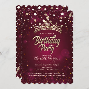 Gold Tiara Stars Red Birthday Party   Invitation