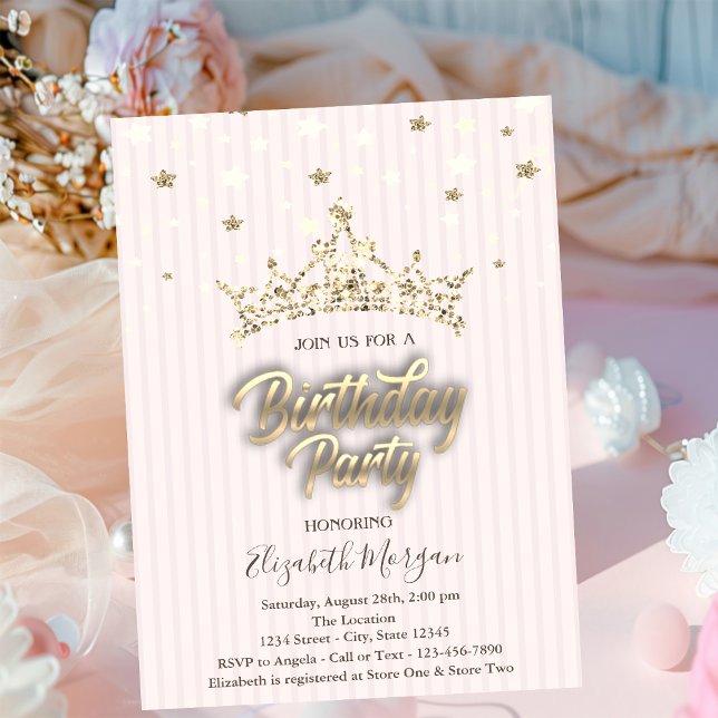 Gold Tiara Stars Striped Birthday Party Invitation (Creator Uploaded)