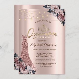 Gold Tiara,String Lights Floral Dress Invitation