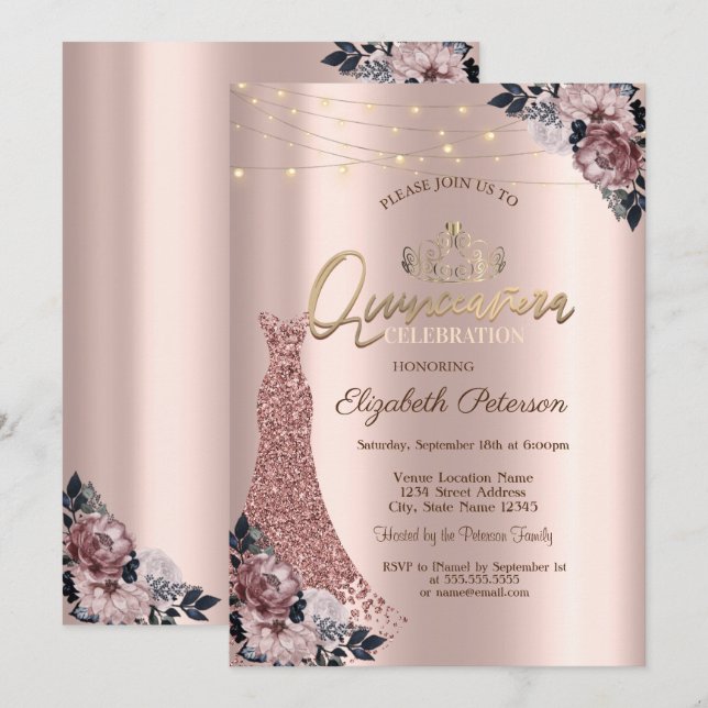 Gold Tiara,String Lights Floral Dress  Invitation (Front/Back)