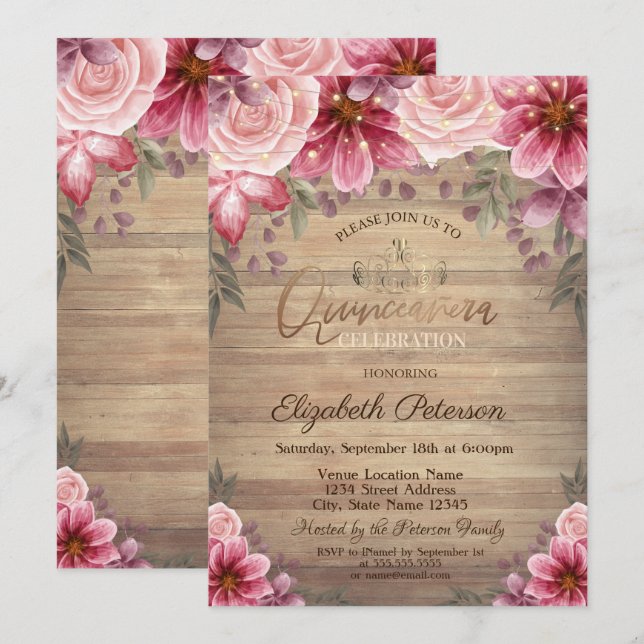 Gold Tiara,String Lights Flowers  Wood Quinceañera Invitation (Front/Back)