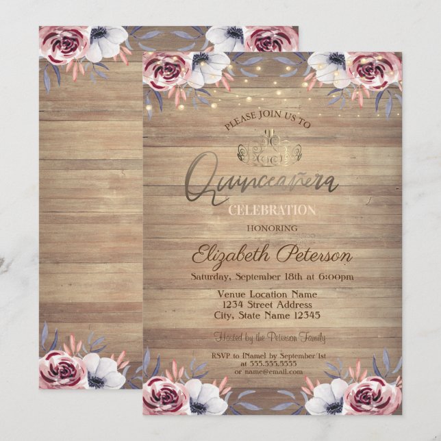 Gold Tiara,String Lights Roses Wood Quinceañera  Invitation (Front/Back)