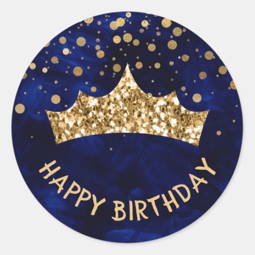 Gold Tiara with gold bokeh  Dark Blue birthday Classic Round Sticker