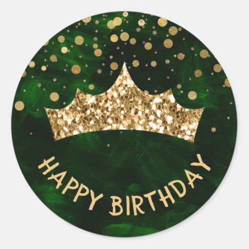 Gold Tiara with gold bokeh  Green birthday Classic Round Sticker