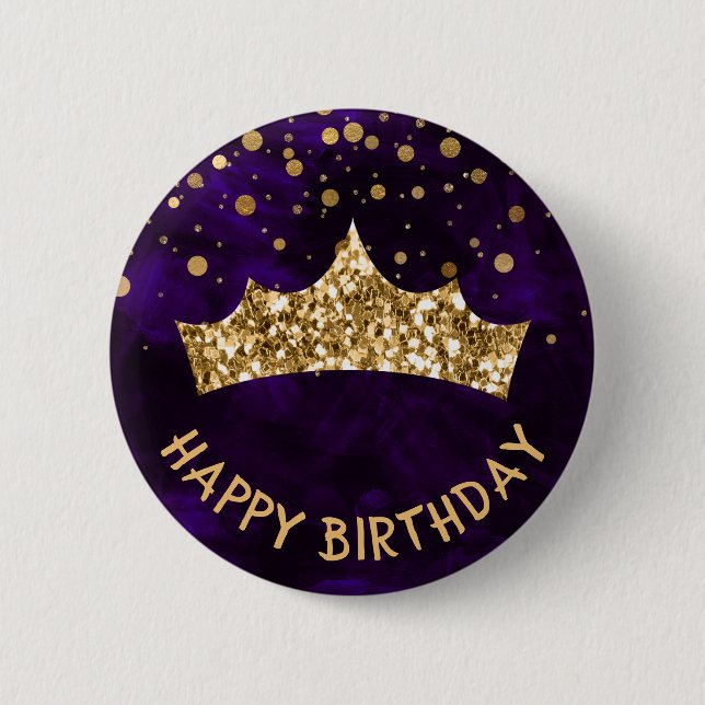 Gold Tiara with gold bokeh & Purple Birthday Button (Front)