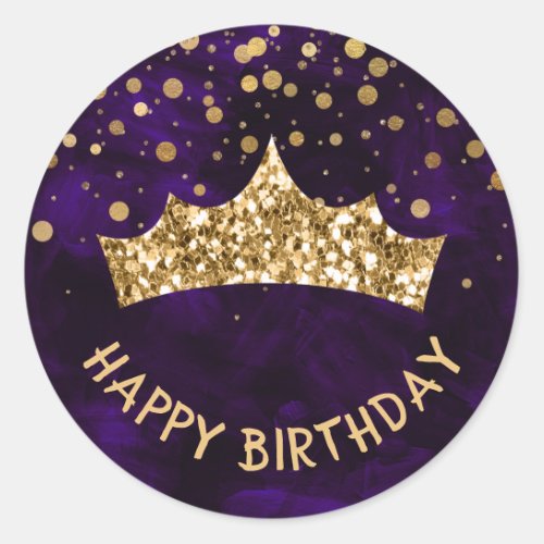 Gold Tiara with gold bokeh  Purple birthday Classic Round Sticker