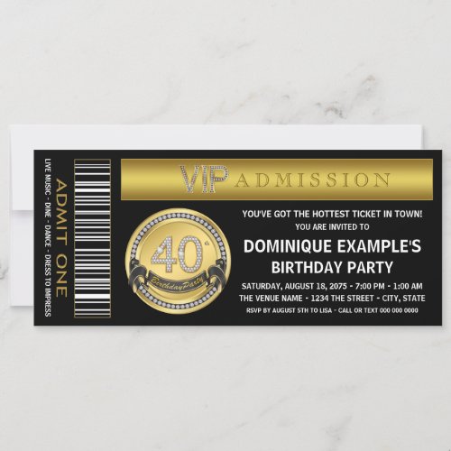 Gold Ticket 40th Birthday Party Invitation