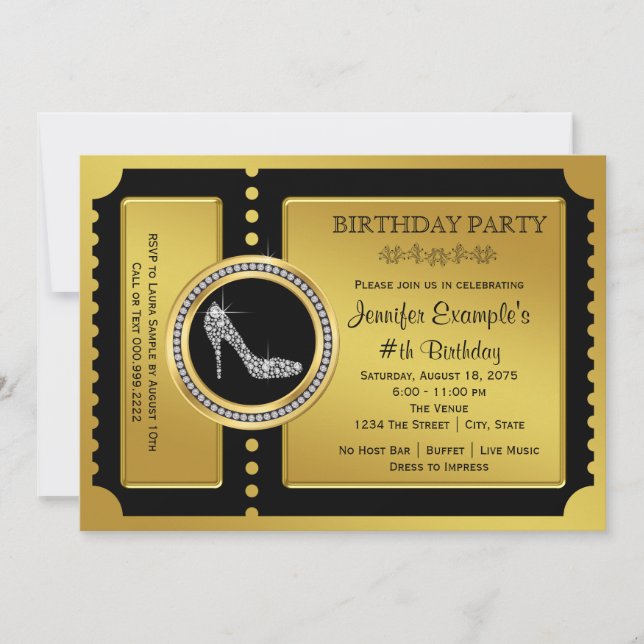 Gold Ticket High Heel Shoe Birthday Party Invitation (Front)