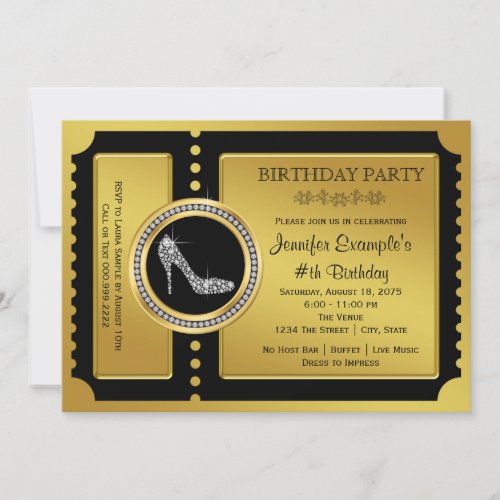 Gold Ticket High Heel Shoe Birthday Party Invitation