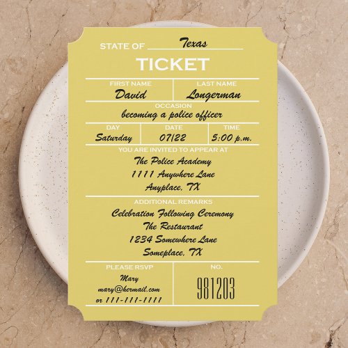 Gold Ticket Police Graduation Invitations