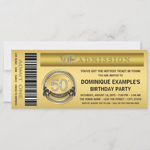 Gold Ticket VIP 50th Birthday Party Invitation