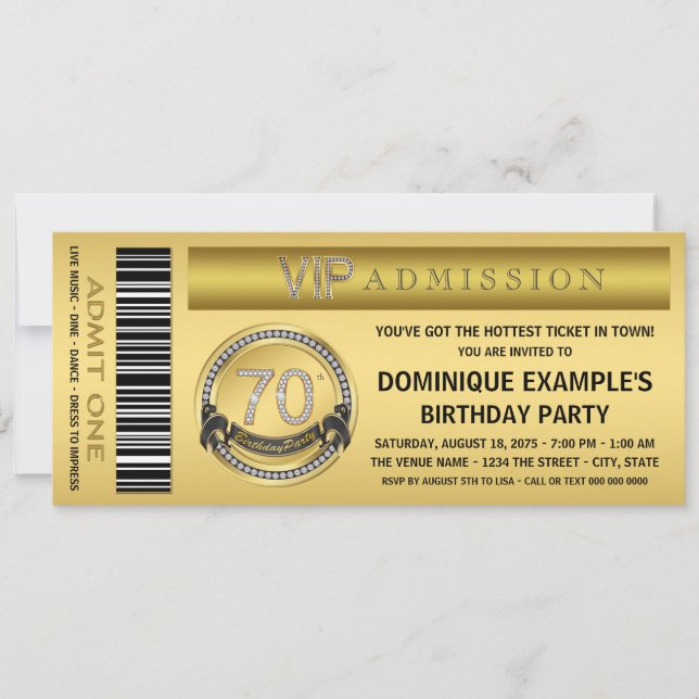 Gold Ticket VIP 70th Birthday Party Invitation (Front)