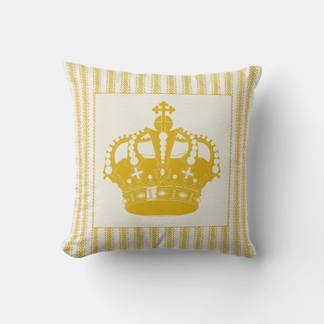 Gold Ticking with Crown Throw Pillow (Front)